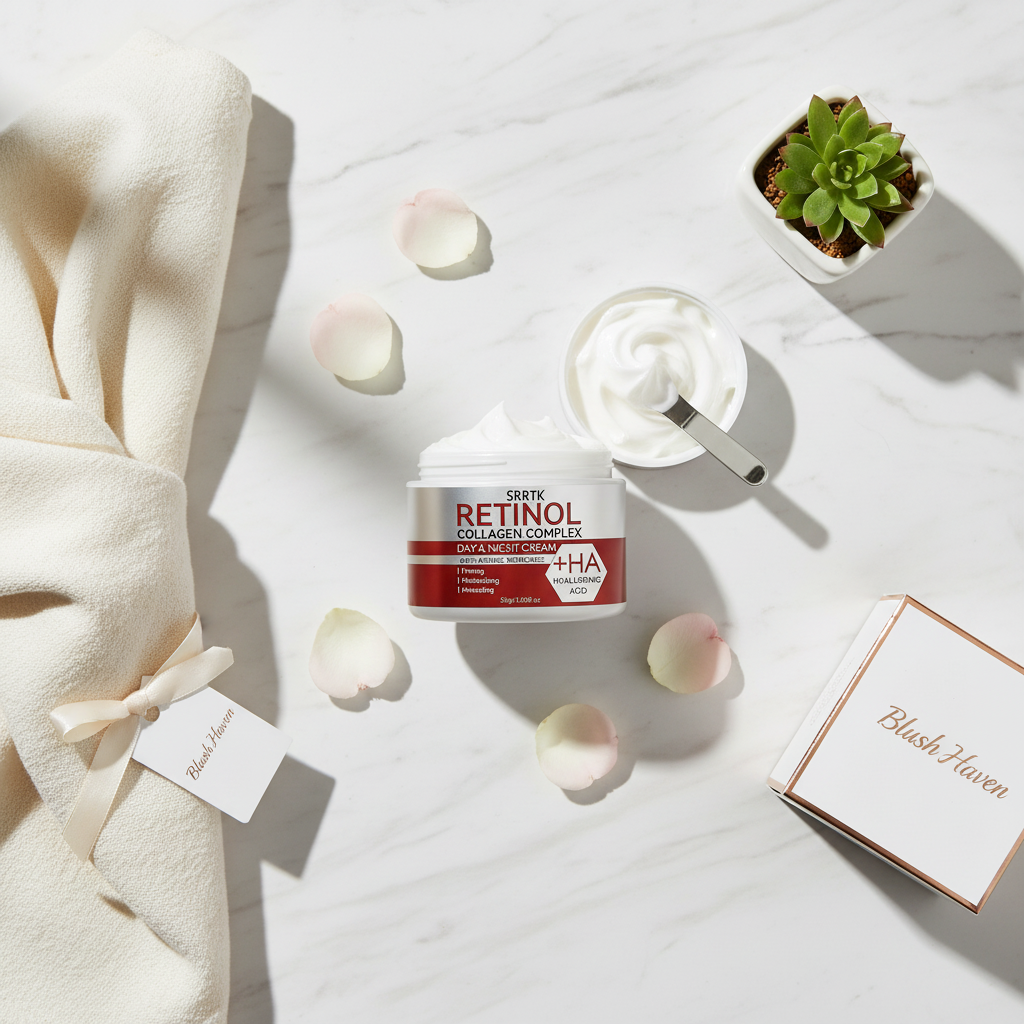 Flat lay with Blush Haven branded elements