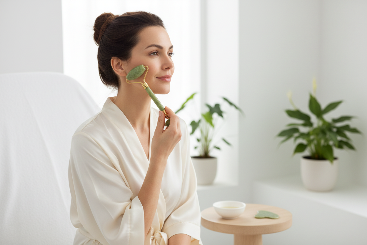 Woman using jade gua sha tool