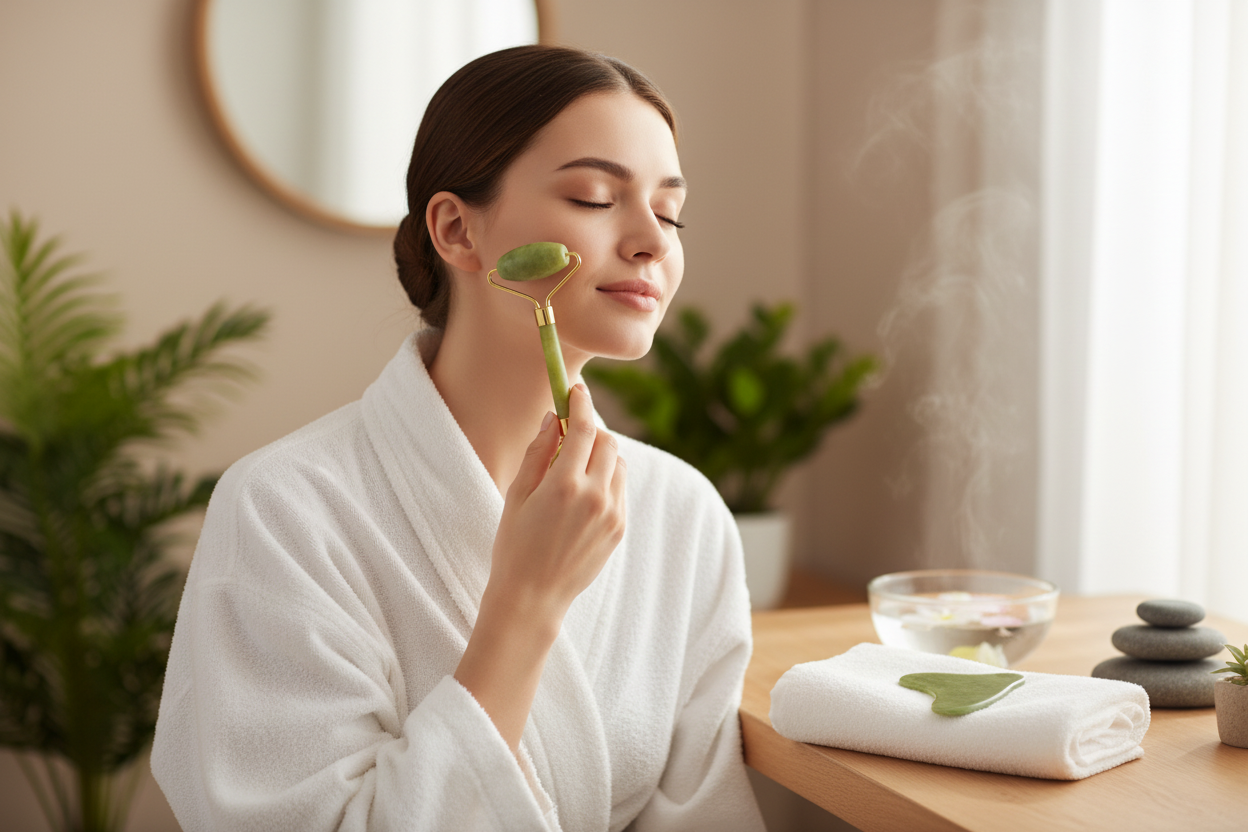 Woman using jade roller